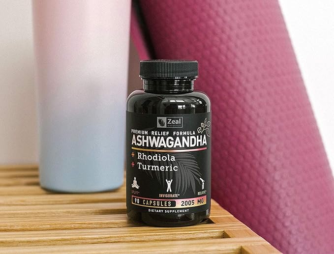 Zeal Naturals Adaptogenic Ashwagandha Complex | 2005mg 90 Capsules | Organic Ashwagandha Root Powder + Rhodiola Rosea + Turmeric | 3-in-1 Stress Relief Energy &amp Joint Support Supplement