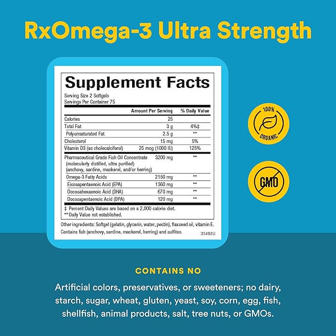 Natural Factors RxOmega-3 Ultra Strength - Brain &amp Heart Health Support - Eye Health Supplement with EPA &amp DHA - Supplement with Omega-3 Fatty Acids &amp Vitamin D3-150 Softgels (75 Servings)