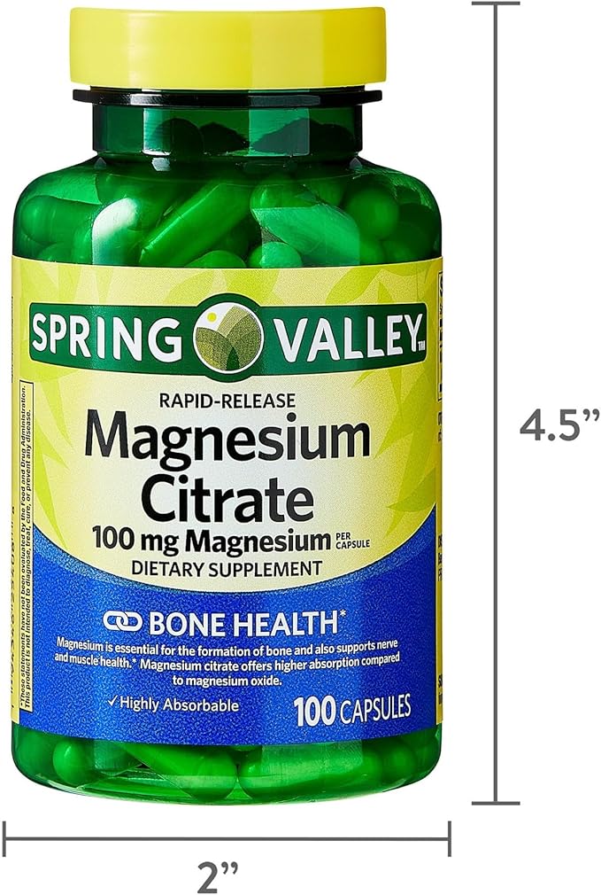 Spring Valley Magnesium Citrate | Citrato de Magnesio 100mg Capsules | Best Magnesium Supplement for Women | Magnesium Pill | 100 mg 100 Capsules - Set by Basket Goods