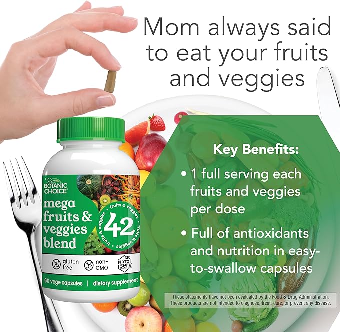 Botanic Choice Since 1910 - Mega Fruits &amp Veggies Blend - 42 Fruits and Vegetables - 2 Caps Daily - 60 Count Supplement - 2 Pack