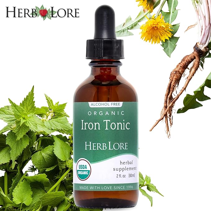 Herb Lore Iron Tonic - Organic Liquid Iron Drops Supplement for Kids &amp Women - Baby Infant &amp Toddler Friendly - Plant Based Vegan Gentle Non Constipating Herbal Tincture (2 fl oz)