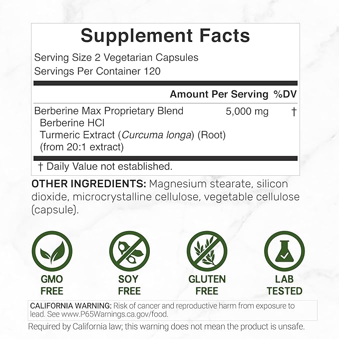 DEAL SUPPLEMENT Berberine Max Supplement with Turmeric 5000mg Per Serving 240 Veggie Capsules – 97% Pure Berberine HCl – 20:1 Turmeric Root Extract – Vegetarian Friendly Non-GMO