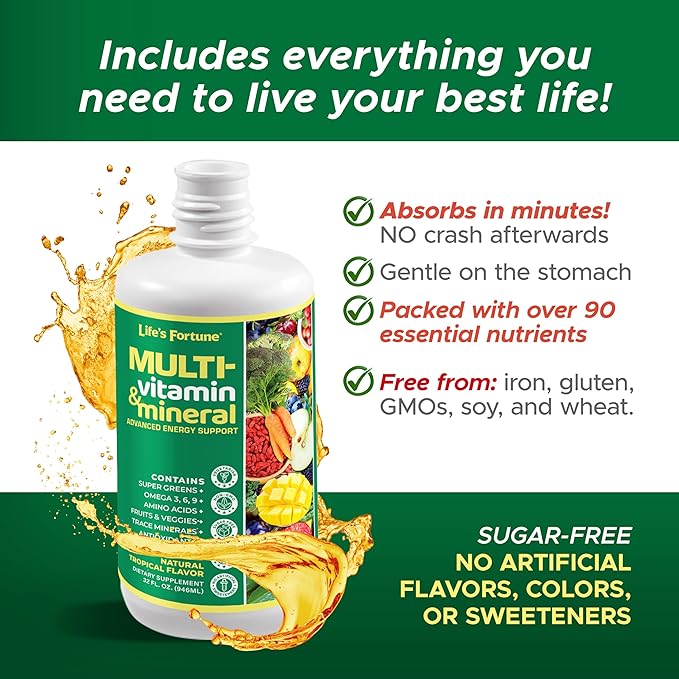 Life's Fortune Liquid Multivitamin for Adults Men &amp Women Teens – High Absorption Daily Vitamins – Trace Minerals Amino Acids Biotin L-Arginine – Tropical Flavor Sugar Free 32 oz (Pack of 2