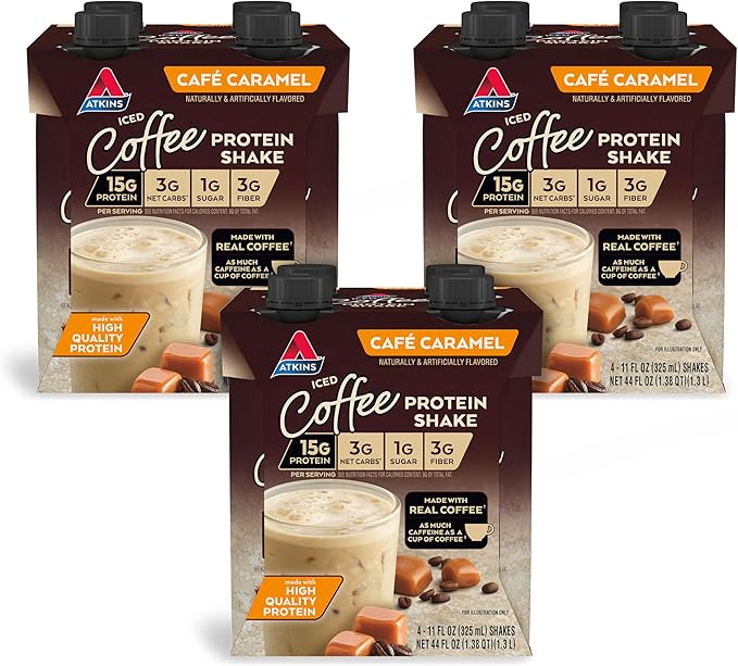 Atkins Café Caramel Protein Shake 15g Protein 3g Net Carb 1g Sugar + Atkins Peanut Butter Protein Wafer Crisps 10g Protein 4g Net Carb 1g Sugar 5 Count