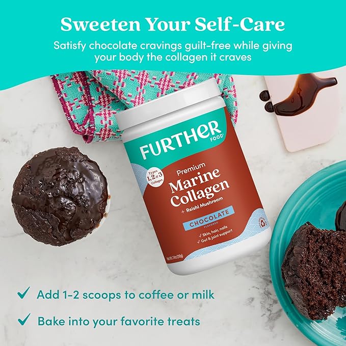 Further Food Chocolate Marine Collagen Peptides Powder with Reishi Mushroom Wild-Caught Sustainably Sourced Fish Hydrolyzed Type 1 2 &amp 3 7.41 Oz