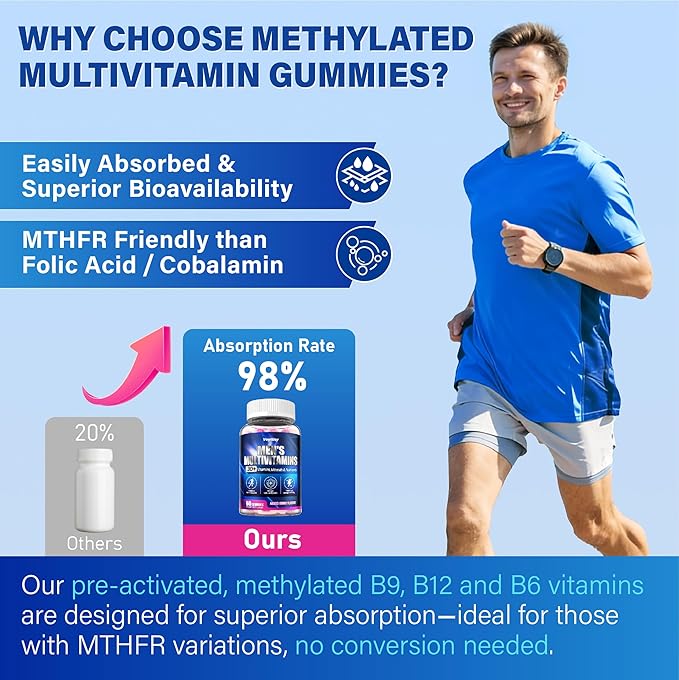 Methylated Multivitamin Gummies for Men - Mens Multivitanins Gummy with Vitamins A C D K E Methylated Folate B Complex Probiotics Omega-3 CoQ10 Herbal Blend - Support Energy &amp Immune Health