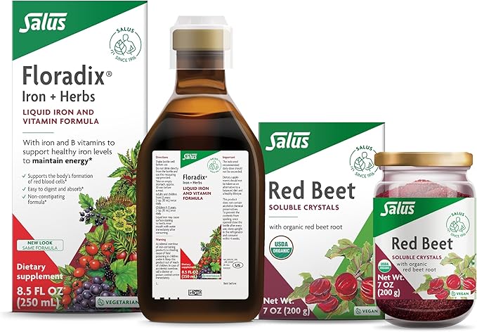 Floradix Iron &amp Herbs (8.5 oz) &amp Salus Red Beet Crystals (7 oz) Bundle - Iron Supplement for Healthy Energy Support* &amp Organic Nutritional Beet Root Drink Mix