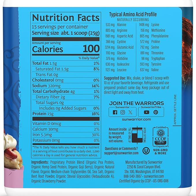Sunwarrior - Warrior Blend Plant Based Raw Vegan Protein Powder with Peas &amp Hemp Berry 13.2 Ounce (Pack of 1)
