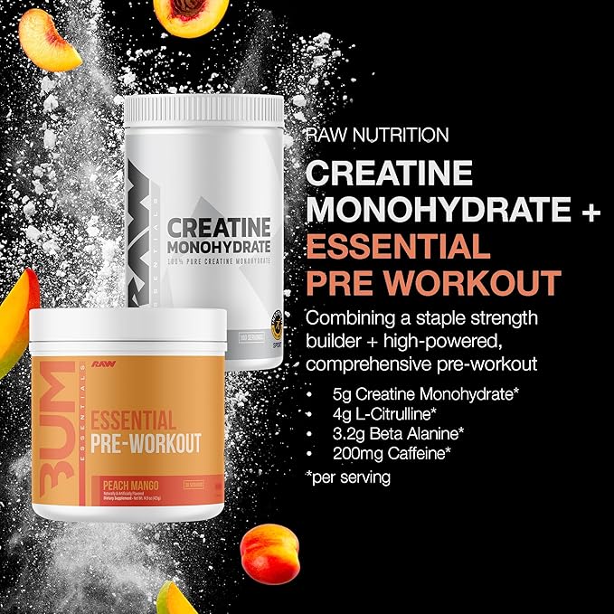 RAW Nutrition Creatine Monohydrate &amp Peach Mango Pre-Workout Powder Bundle