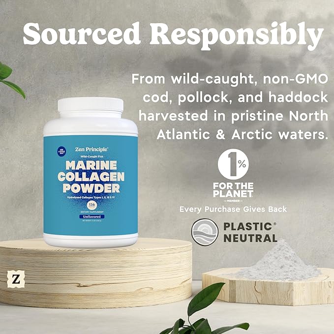 Zen Principle Marine Collagen Peptides Powder 3 lb. Wild-Caught Fish Non-GMO. Supports Healthy Skin Hair Joints and Bones.Hydrolyzed Types I II III and IV Protein. Amino Acids. Easy to Mix.