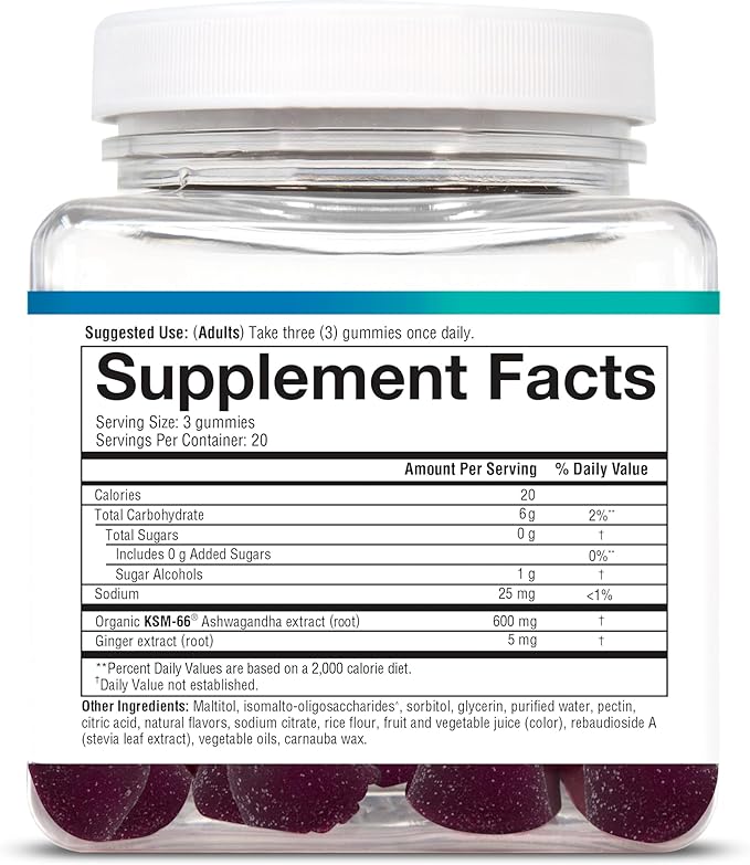 Youtheory Ashwagandha - Vegetarian Energy &amp Stress Support Supplement with Organic KSM-66 &amp Ginger Extract - Zero Sugar - Blueberry 60 Gummies Pack of 2 (60-Day Supply)