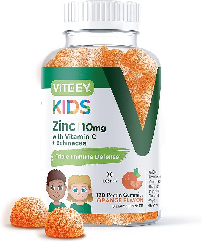 Viteey Zinc for Kids Gummies 10mg with Vitamin C &amp Echinacea - Immune Support Powerful Natural Antioxidant Kids Zinc Vitamin Supplement - Vegan Gelatin Free - Tasty Chewable Orange Flavor Gumm
