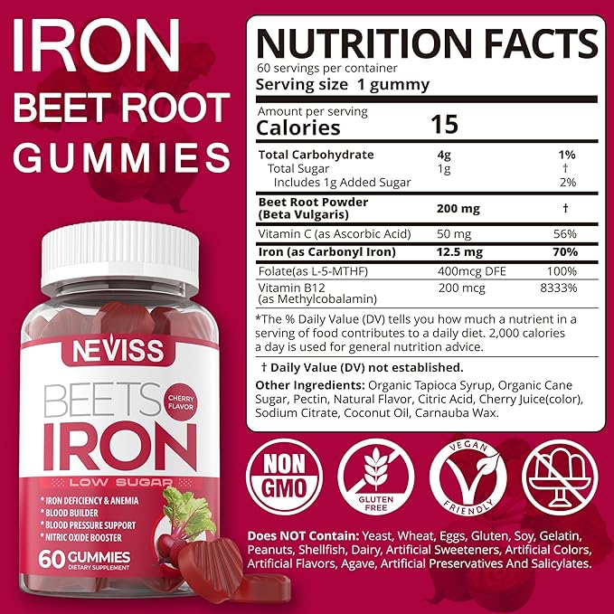 NEVISS Vegan Iron Supplement Gummies Gentle Iron + Probiotics for Women Gummies