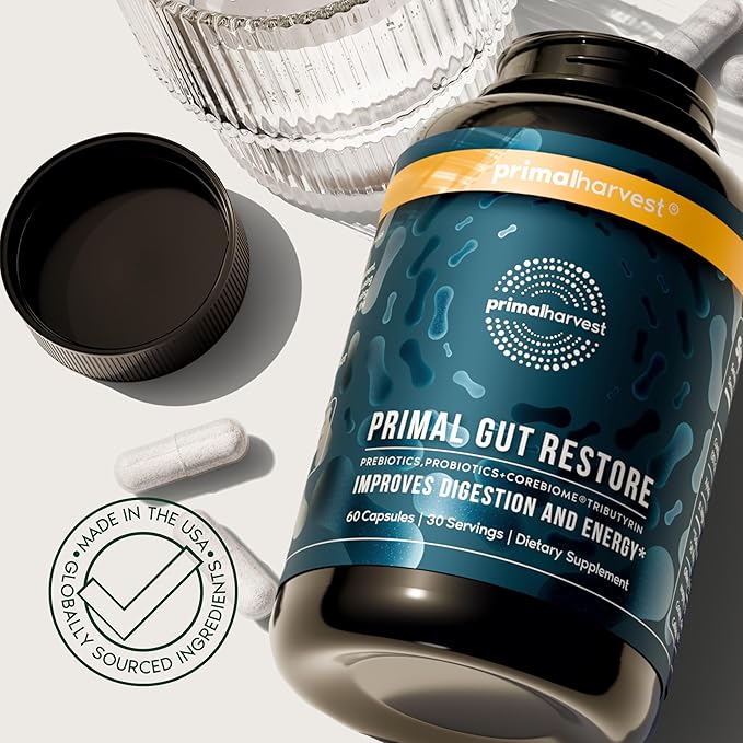 Primal Harvest Restore for Gut Health Primal Gut Restore w/POSTbiotics PREbiotics and PRObiotics for Women and Men 60 CT - Digestion Colon Cleanse Immunity Support - Helps Leaky Gut Repair