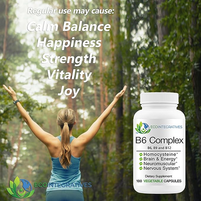 EcoIntegratives B6 Complex Vegan Vitamin B6 B9 Folate B12 Methylcobalamin Supports Cardiovascular Neuromuscular Nervous System Homocysteine Energy Blood Cell &amp Bone Health 100 Caps