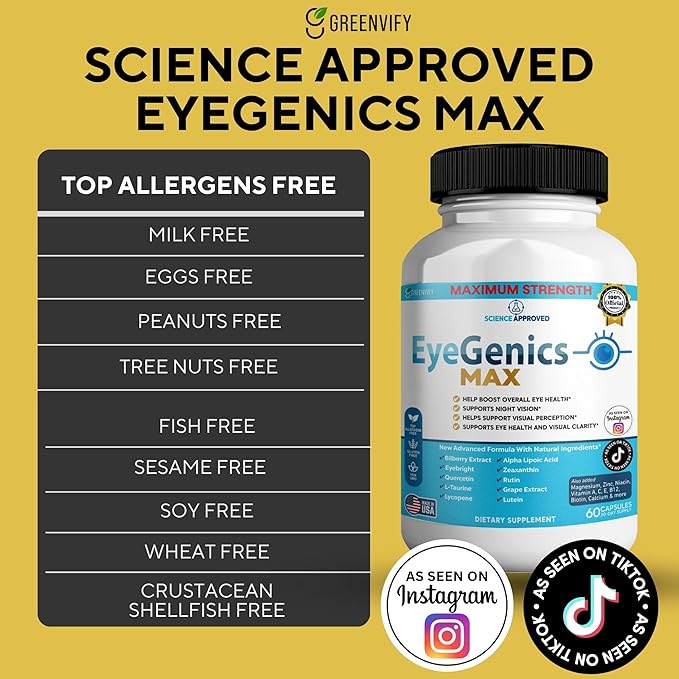 EyeGenics Max Vision Support Supplement 60 Capsules Maximum Strength Eye Health Formula with Lutein Bilberry Extract Vitamins (1)