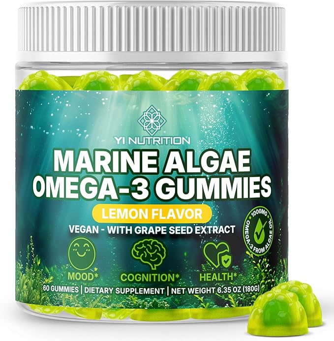 Marine Algae Omega 3 Gummies with 3400mg+ | DHA/EPA/ALA 20:1 Grape Seed Extract Vitamin C &amp Folate | Heart Brain &amp Skin | Plant-Based Sugar-Free 60 Ct