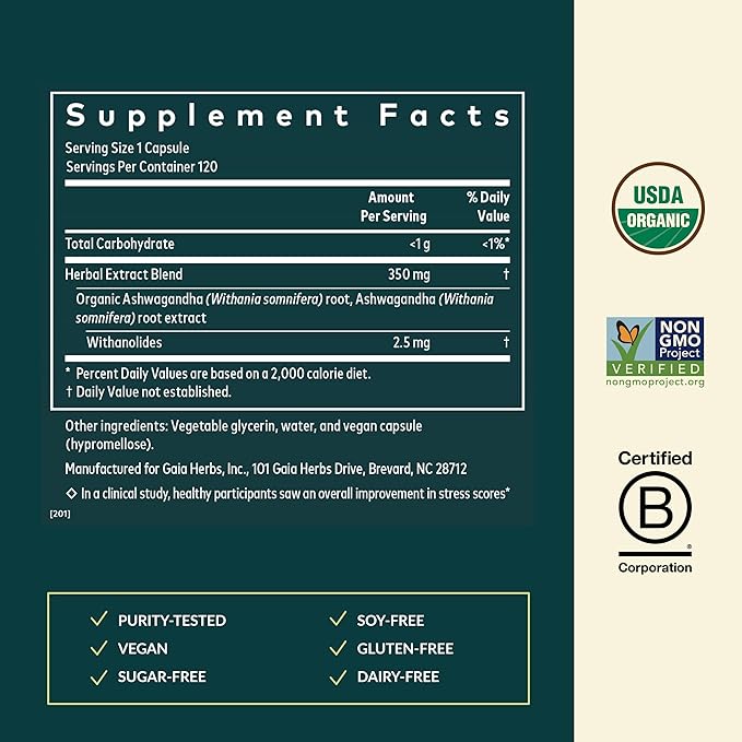 Gaia Herbs Ashwagandha Root - Stress Relief &amp Sleep Support Supplement - Supports Balanced Energy Levels &amp Positive Outlook* - 120 Vegan Liquid Phyto-Caps (60 Servings)
