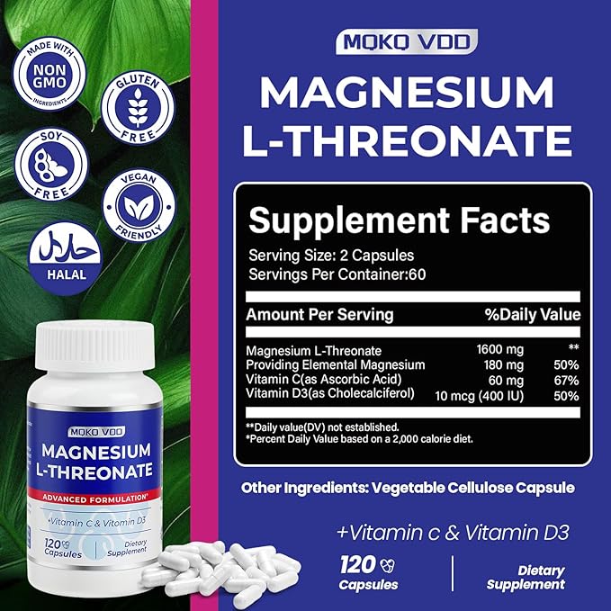 Magnesium L-Threonate3200mg/serving | High Absorption Magnesium for Brain Health Focus Calm &amp Sleep Support | Non-GMO Gluten Free Vegan Supplement for Men &amp Women