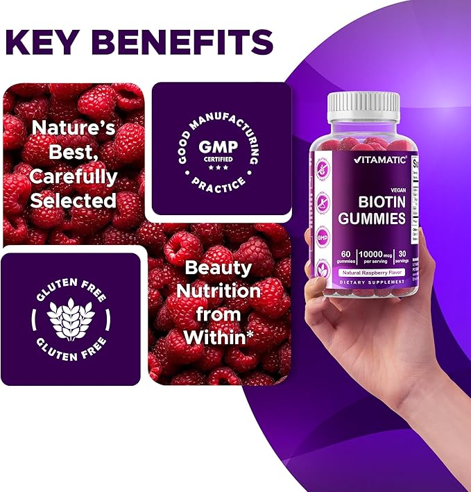 Vitamatic Biotin Gummies 10000 mcg for Stronger Hair Skin &amp Nails - 60 Vegan Gummies - Also Called Vitamin B7 (6 Bottles)