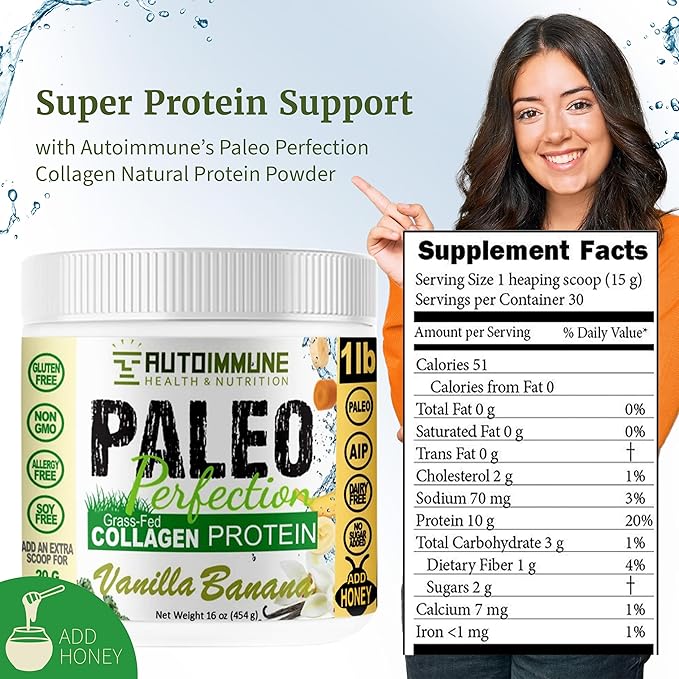 Paleo Perfection Vanilla Banana Grass Fed Beef Collagen Protein Powder without Stevia - Paleo Keto SCD AIP Protein Powder with Apple Fiber Carrot &amp Broccoli - 300g Protein Powder &amp Superfo