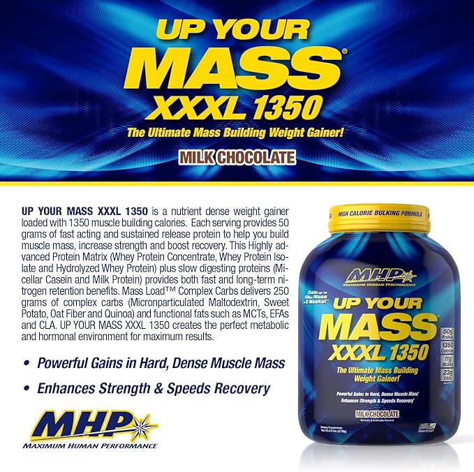 MHP UYM XXXL 1350 Mass Building Weight Gainer Muscle Mass Gains w/50g Protein High Calorie 11g BCAAs Leucine Milk Chocolate 8 Servings