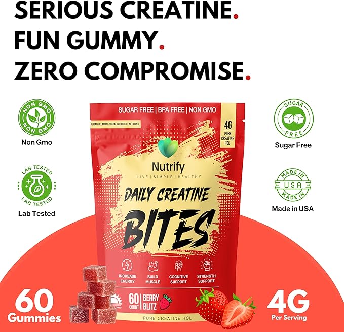 Nutrify Daily Creatine Gummies for Women and Men - 4g Creatine Monohydrate per Serving for Muscle Growth &amp Recovery - Sugar-Free Low-Calorie with Vitamin B12 for Energy Boost -Strawberry