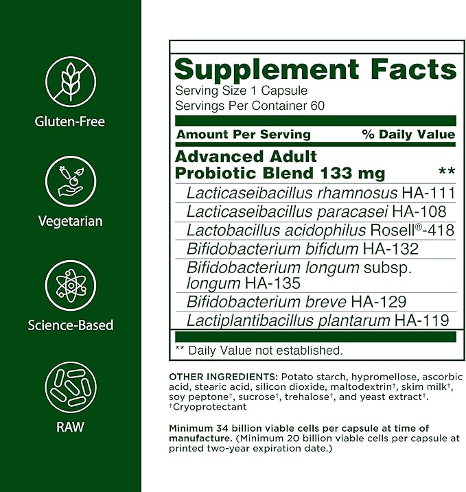 Flora - Advanced Adult's Blend Probiotic Seven Senior-Specific Strains Gluten Free Raw Probiotic with 34 Billion Cells 60 Capsules