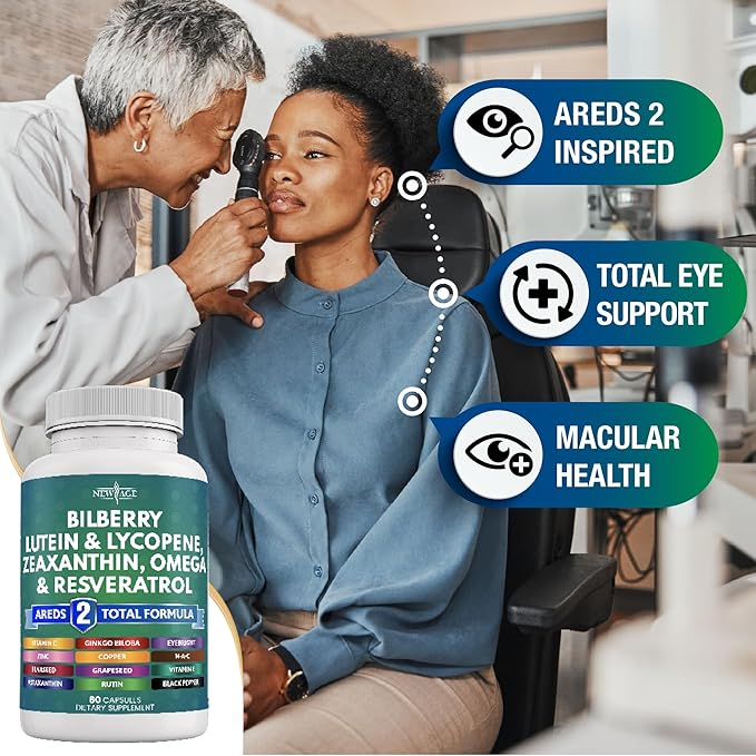 NEW AGE Eye Health Vitamins with Bilberry Lutein &amp Zeaxanthin Lycopene Resveratrol Grape Seed Astaxanthin - Eye Vitamin - 60 Count