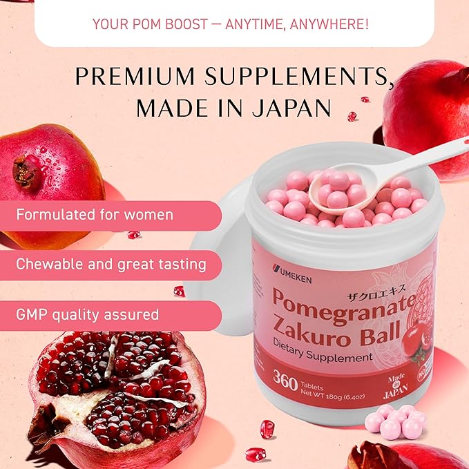 Umeken Pomegranate Balls Chewable Supplement with Natural Vitamins Minerals Citric Acids &amp Tannins Japanese Pomegranate Supplements for Women 2 Month Supply 360 Count Bottle Pack of 1