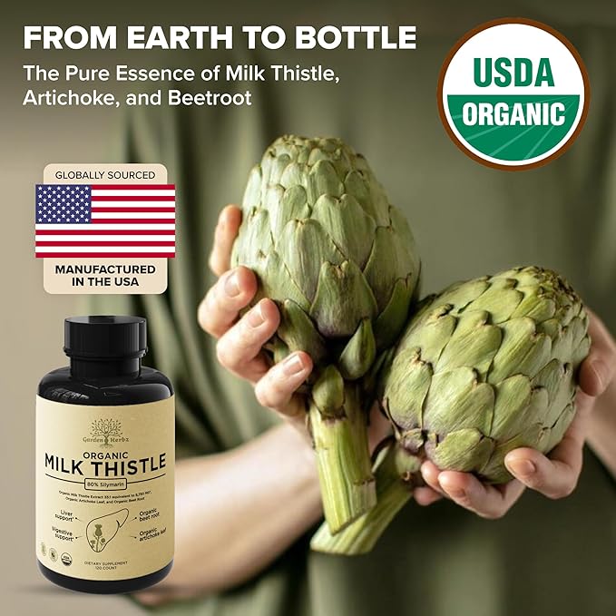 USDA Organic Milk Thistle Liver Detox Supplement 80% Silymarin 250 mg with Beet Root &amp Artichoke Extract for Liver Support &amp Digestion Made in USA 120 Capsules (2 Month Supply)
