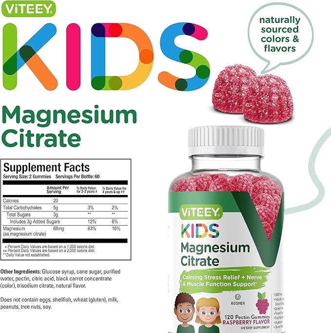 Viteey Kids Magnesium Citrate Gummies - Supports Sleep Aid Calm Gummies Muscle Relaxer Optimal Relaxation - Vegetarian Gelatin Free Gluten Free GMO Free - Tasty Chewable Raspberry Flavored Gummy
