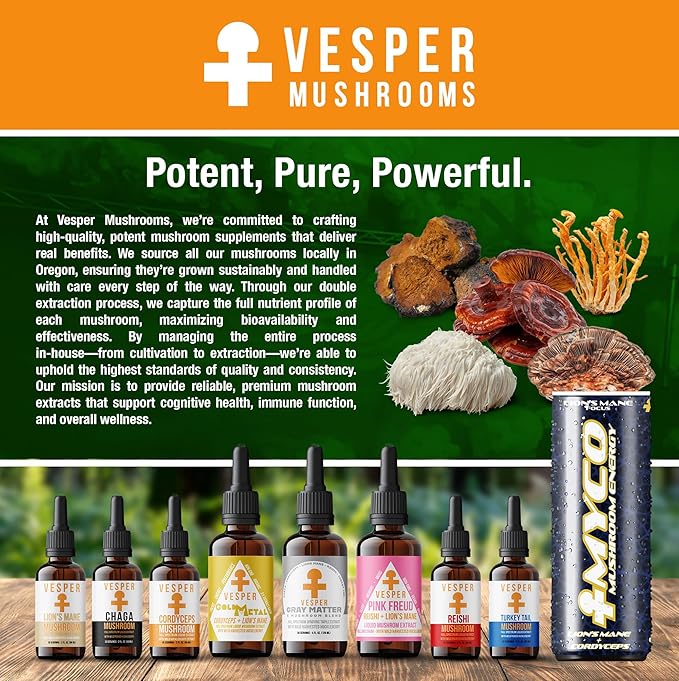 Vesper Lion’s Mane Mushroom Liquid Extract - Double Extraction with Wild Huckleberries for Brain Health Cognitive Support Focus &amp Immune Wellness USA-Grown for Clarity &amp Mental Performance