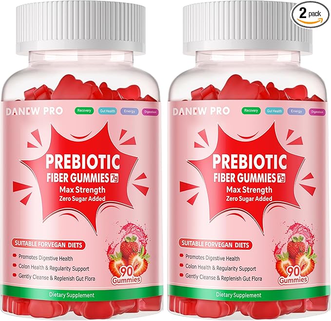Prebiotic Fiber Gummies for Adults 7G Extra Strength Zero Sugar Added 90 Pectin Based Gummies Digestive Health &amp Regularity Support-Strawberry-2PACK