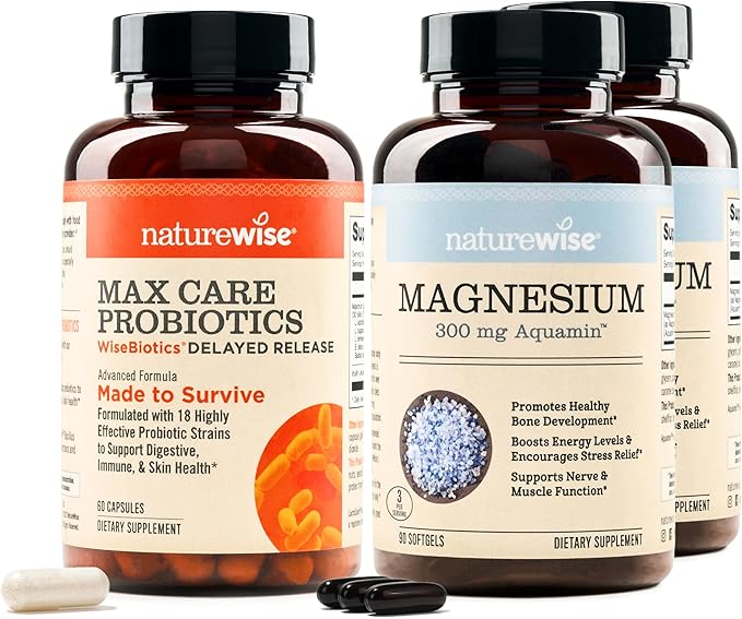 NatureWise [1] Max Probiotics 30 Billion CFU + Organic Prebiotic - 60 Capsules[2-Month Supply] + (Pack of 2) Marine Magnesium 300mg - Naturally Sourced Non-GMO - 90 Softgels[60-Day Supply]
