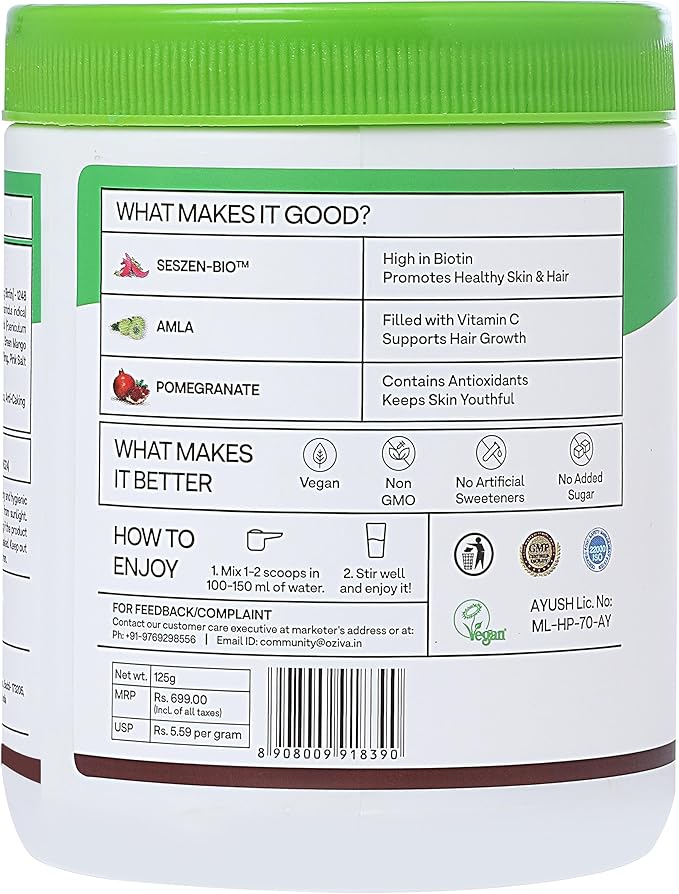 OZiva Plant Based Biotin to Improve Hair Thickness | 100% Natural Biotin from Sesbania Agati Amla &amp Pomegranate | Clinically Proven Biotin Powder for Men &amp Women | 375g Pack of 3 (Classic)