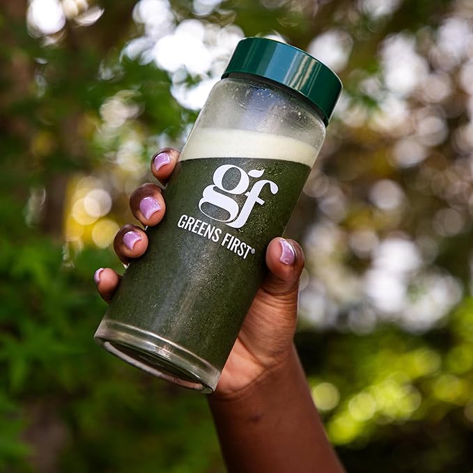 Greens First Gift Set - Limited Edition Glass Carafe &amp Organic Greens Powder - 49 Superfoods - Prebiotics Probiotics &amp Digestive Enzymes - Dairy Free Vegan &amp Non-GMO (Mint 30 Servings)