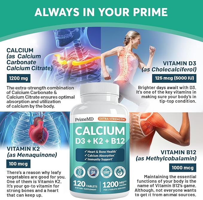 4-in-1 Calcium 1200 mg with Vitamin D3 Supplements for Women and Men - Calcium Extra Strength with Vitamin D3 K2 5000 IU Supplement1200 mg per Serving -Free - Vegan-Friendly (120 Count) (Pack of 1)