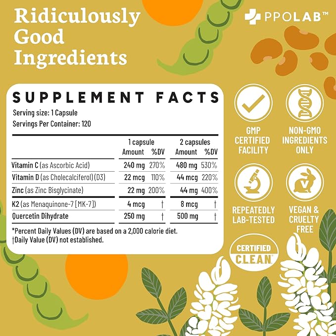 PPO Lab® Immune-fx™ Advanced Zinc Ionophore One-A-Day Immune Support Supplement with Zinc Bisglycinate Quercetin Vitamin C D3 K2 for Respiratory Heart Histamine Antioxidant Health 120 Capsules
