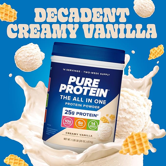 Pure Protein All-In-One Powder Vanilla - Whey &amp Collagen High Fiber Vitamins No Added Sugar Non-GMO Gluten-Free 1.25lb