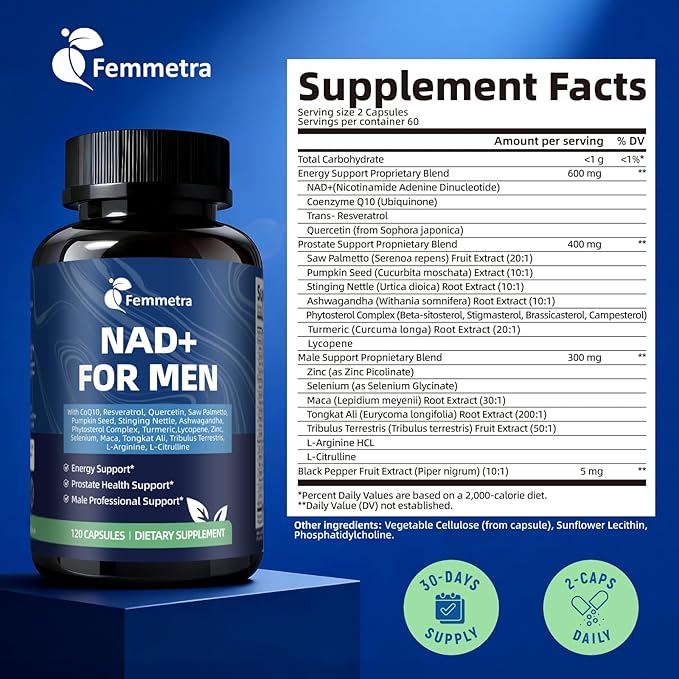 NAD Supplements for Men with 40+ | All-in-One Cellular Energy Prostate Support &amp Nitric Oxide Supplement with Saw Palmetto Resveratrol | Non-GMO 2 Bottles