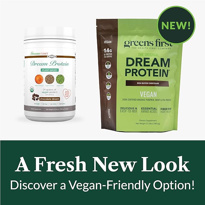 Greens First Dream Protein Plant-Based Vegan Powder - USDA Organic Pumpkin Hemp &amp Pea Protein - Gluten-Free Non-GMO No Added Sugar (Rich Dutch Chocolate 27.54 oz)