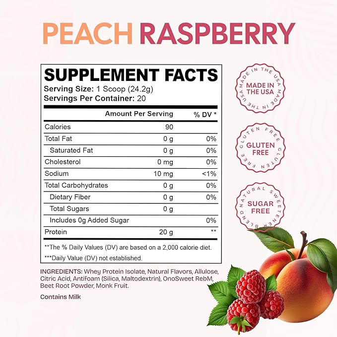 Clear Protein Protein Water Peach Raspberry 20 Servings 20G Protein100% Grass Fed Whey Protein Isolate 90 Calories Fitness Drink Supplement Nutrition