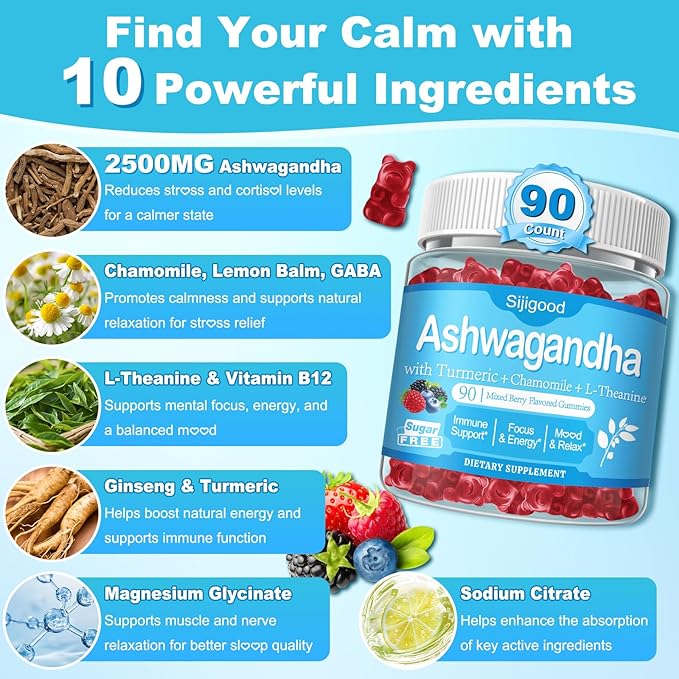 180 Count | Ashwagandha Gummies–Ashwagandha Supplements with L-Theanine &amp GABA–Support zzZ M♡♡d Relaxation Daily Balance Mind-Body Wellness for Women &amp Men