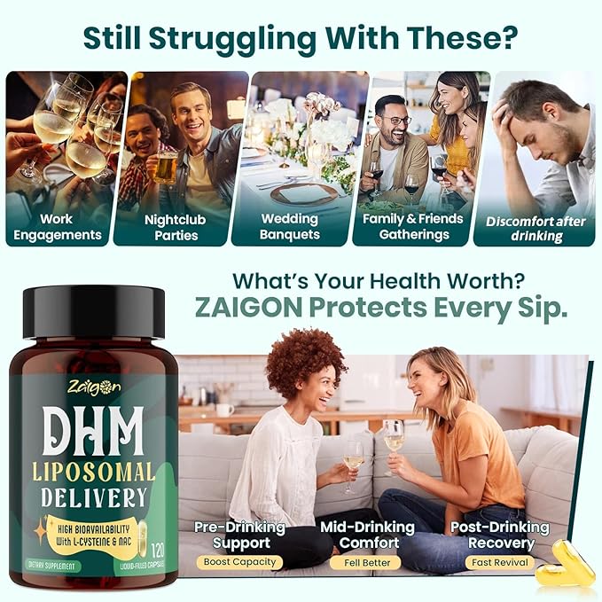 Zaigon Liposomal DHM Supplements 1000 mg dihydromyricetin with l-cysteine Milk Thistle Electrolytes Ginger NAC L-Theanine &amp Vitamin B for Recovery After Drinking &amp Liver Support 360 Cap