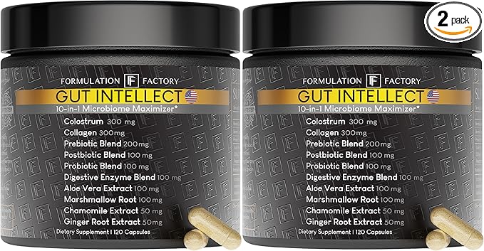 Formulation Factory Gut Intellect 10-in-1 Microbiome Supplement Prebiotics Probiotics Postbiotics Colostrum Collagen Aloe Vera Chamomile Ginger Enzymes Digestive 240 Caps (2 Pack)