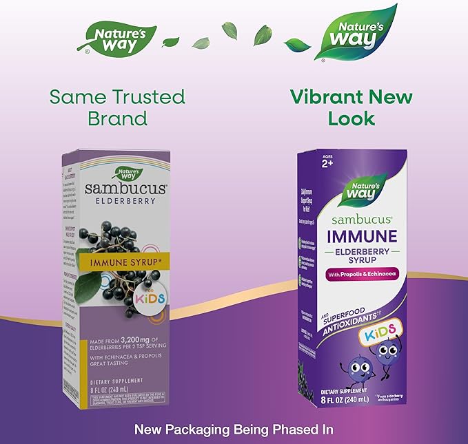 Nature's Way Sambucus Elderberry Immune Syrup for Kids Ages 2+ Echinacea &amp Propolis with Superfood Antioxidants(1) Immune Support Syrup* Vegetarian Berry Flavored 8 Fl Oz