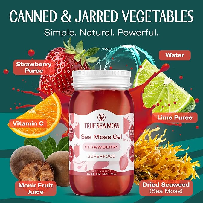 TrueSeaMoss Sea Moss Gel – Made in USA – Wildcrafted Seamoss Fruits &amp Jarred Vegetables – Strawberry Pack of 1 (Labels may Vary)