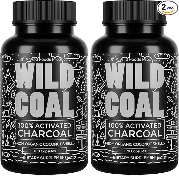 Wild Foods Activated Charcoal Capsules | 100% Organic Coconut Shells Active Tablets for Bloating Relief | Lab Tested &amp Non-GMO Detox Pills | USA (Two Bottles - 120 Capsules)