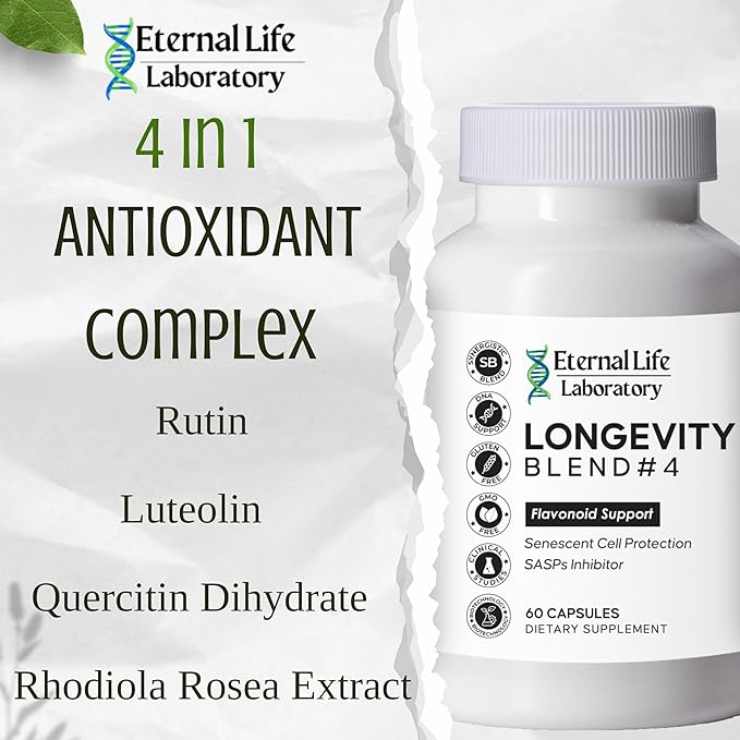 Quercitin Rhodiola Rosea Luteolin and Rutin Longevity Blend #4 Anti-Aging Supplement for Cellular Defense with Immunity and Energy Support Antioxidants